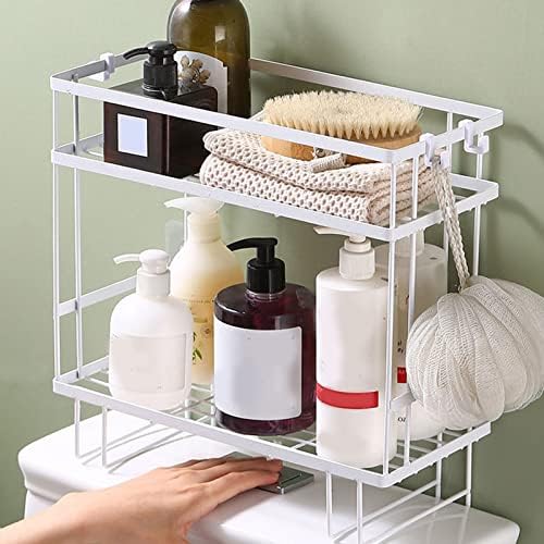 Toilet Shelf, Thickening Waterproof Multifunctional Double Layer Storage Rack, Large Capacity Nail Free Installation Organizer Rack, Stylish Iron Bathroom Organizer Over Toilet(Double Layer White)