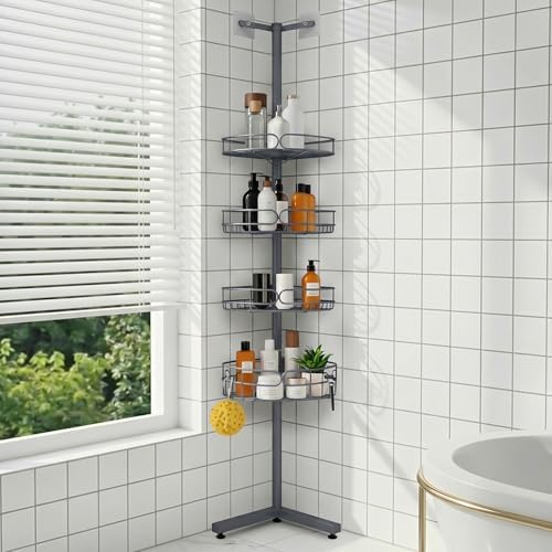 Standing Shower Caddy Corner, 4-Tier Adjustable Height Bathroom Organizer, 6-Section Pole, Sturdy Floor Standing Shelf for Shower – No Drilling, No Spring Tension (Gray)
