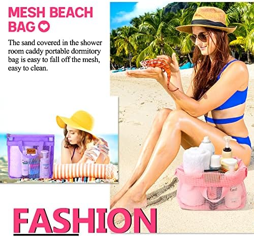 3 Pcs Portable Mesh Shower Caddy Tote, Quick Dry Tote Bag Mesh Beach Bags for Women, Hanging Toiletry and Bath Organizer for Travel Swimming Sports Gym Camp Shopping College Dorms (Pink Purple Rose)