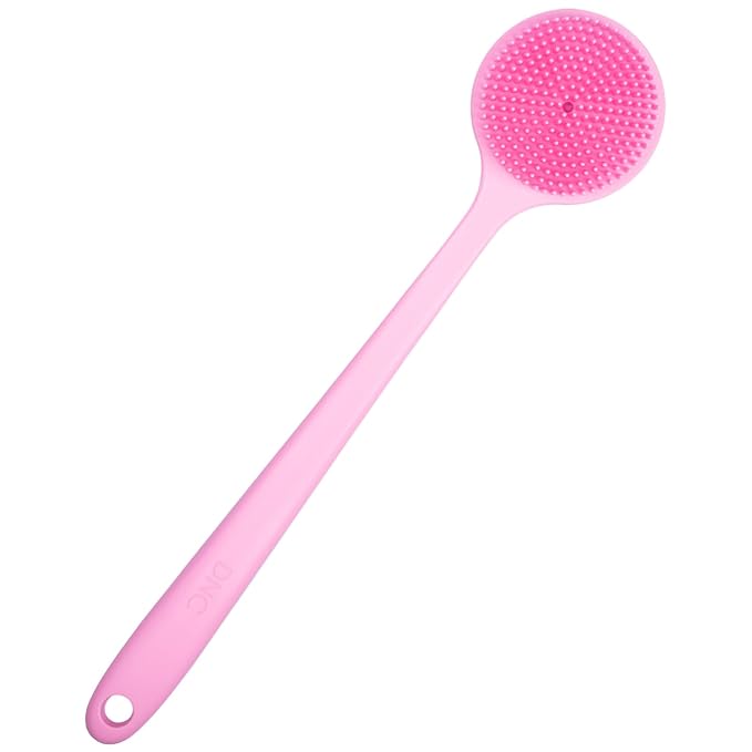 DNC Silicone Back Scrubber for Shower, Soft Bath Body Brush with Long Handle (Pink)