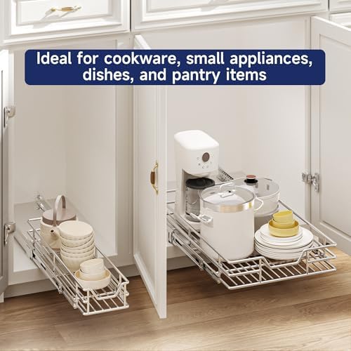 Pull Out Cabinet Organizer, 13.5" W x 21.5" D, Heavy Duty Chrome Slide Out Shelf for Base Cabinets, Sliding Wire Basket Drawer for Pantry Items, Bowls, Containers & Cleaning Supplies