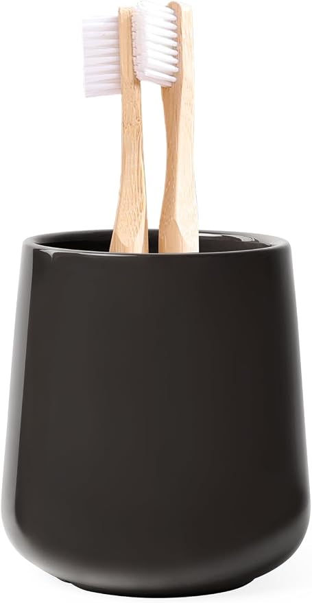 INGOFIN Ceramic Toothbrush Holder for Bathroom, Toothpaste Tumbler Cup | Black Brown Glazed Ceramic Toothbrush Holder for Toothbrushes and Toothpaste; Bathroom Countertop and Vanity Organizer