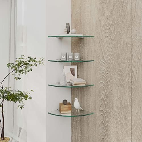 4 Pack Glass Corner Shower Shelf Bathroom Corner Shelves Wall Mounted Tempered Glass Shower Caddy Corner Shelf for Inside Tile Shower Organizer Shampoo Bottle Holder 9.4" R