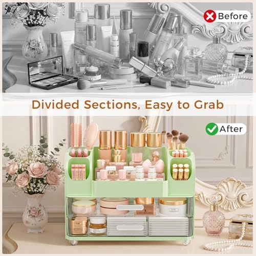 Makeup Organizer for Vanity with Brush Holder, Large Bathroom Countertop Organizer & Skincare Storage | Perfume, Cosmetics Display Case with Drawers (Green)