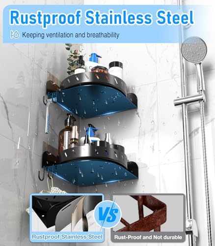 360 Rotating Shower Caddy Shelf With 6 Hooks, 2PACK Bathroom Organizer With 5Pcs Adhesive, Stainless Steel Corner Racks for Home Apartment Decor (Black)