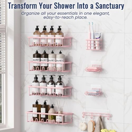 8 Pack Adhesive Rustproof Shower Caddy with Soap Dishes, Toothbrush Holder & Hooks, Large Capacity No-Drilling Shower Shelves Rack for Bathroom Organizers and Storage Accessories, Pink
