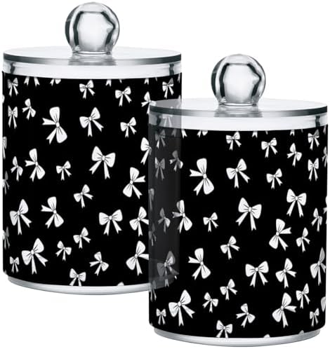 Gredecor 2 Pack Qtip Holder Clear Cute White Bow on Black Apothecary Jars with Lids Acrylic Bathroom Jars Vanity Countertop Canister Storage Organizer for Cotton Ball,Swabs,Pads,Floss
