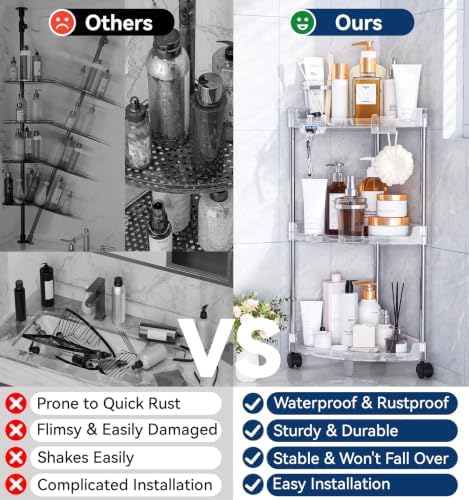 Corner Shower Caddy Standing 3-Tier Shower Organizer with Hooks