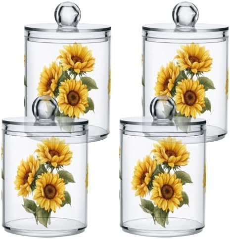 Gredecor Qtip Holder Dispenser 2 Pack Yellow Watercolor Sunflowers Bathroom Decorative Storage Canister Holder Counter Vanity Organizer for Cotton Ball Swabs Pads Floss