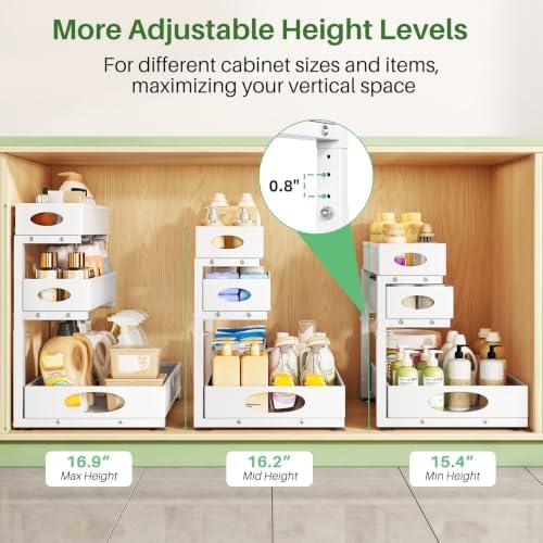 Kitstorack Under Sink Organizer 3-Tier Slide Out Drawer for Bathroom 2-Pack