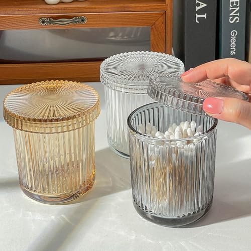 2 Pack Ribbed Glass Qtip Holder with Lid, Gray