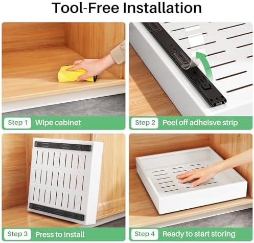 2Pack Pull out Cabinet Organizer, 21"Deep, Heavy Duty Full-extension Slide out Drawers for Kitchen Cabinet, Roll out Shelf Storage with Nano Adhesive for Pots,17"W x 21"D x 3.1"H, White