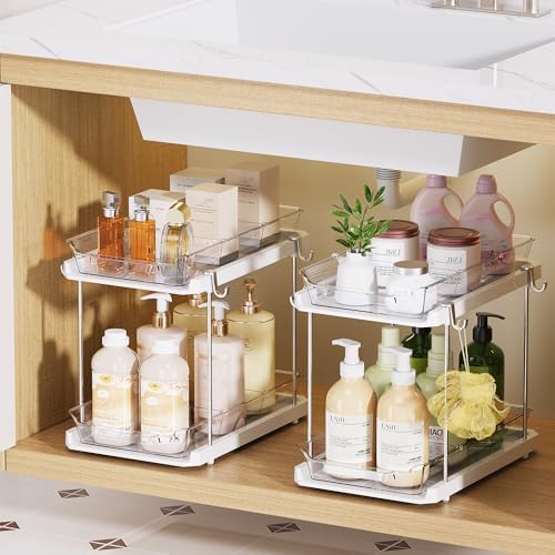 Delamu 2 Tier Under Sink Organizer Bathroom, Bathroom Cabinet Organizer with Snap-Lock Design and Hooks, Pull Out Storage with Movable Dividers, for Countertop, Kitchen and Pantry (White, 2 Pack)
