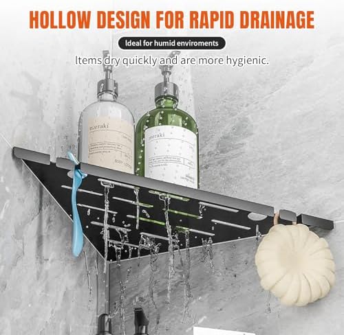 Corner Shower Shelves with Razor Hole & Hooks, Modern Sturdy Shower Shelves