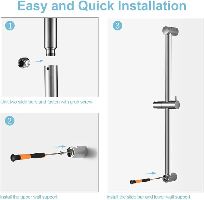 OFFO Shower Slide Bar 24 in Segmental Slide Bar Adjustable Installation Distance 18-24 in with 360° Adjustable Handheld Shower Head Holder for Bathroom, Screw Wall Mounted, Chrome Finish