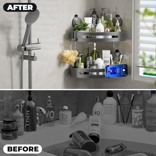 Corner Shower Caddy Suction Cup,Shower Shelves with Hooks,No Drilling Powerful Upgrade Suction Bathroom Corner Organizers and Storage,Removable Waterproof Rustproof Shower Shelf Bathroom Decor(1)