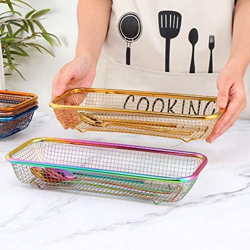 Kitchen Drawer Organizer, Stainless Steel Storage Container Metal Cabinet Storage Basket for Holding Silverware Kitchen Utensil, Pack of 2, Blue