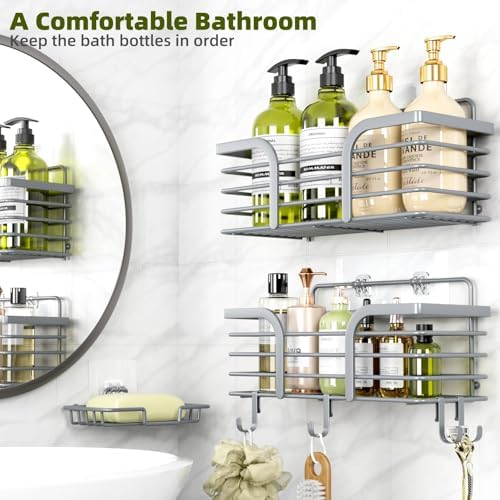 Yougai Shower Caddy, Shower Organizer with Soap Holder and Hooks, Rustproof Shower Shelves, No Drilling Bathroom Organizers and Storage, Wall-Mounted Kitchen & Home Decor, Light Grey