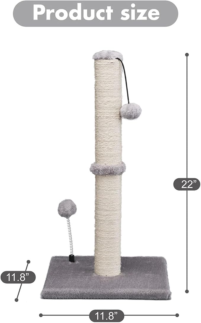 MECOOL Cat Scratching Post Premium Basics Kitten Scratcher Sisal Scratch Posts with Hanging Ball 22" for Kittens or Smaller Cats (22 inches for Kitten, Gray)