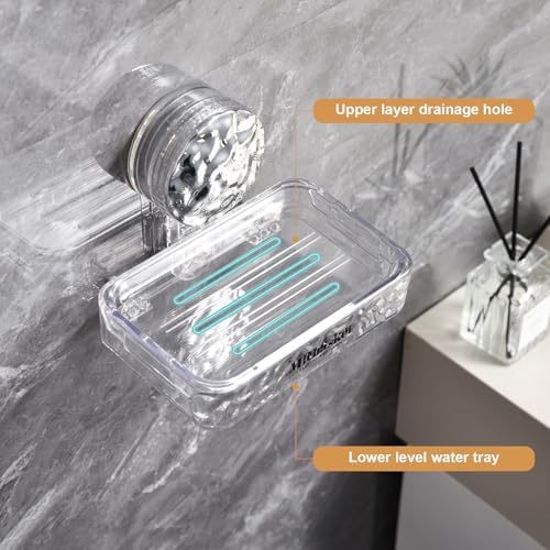 Soap Dish Holder Suction Cup, Wall Mounted Self Draining Soap Case & Sponge Rack, No Drilling Suction Bar Soap Holder for Bathroom, Kitchen Sink