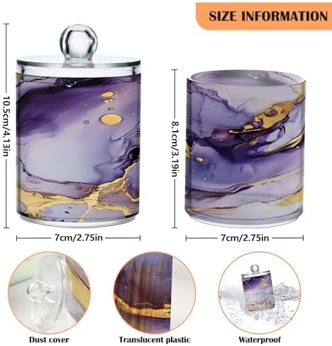 MNSRUU 2 Pack Qtip Holder Organizer Dispenser Purple Transparent Waves Marble Bathroom Storage Canister Cotton Ball Holder Bathroom Containers for Cotton Swabs/Pads/Floss