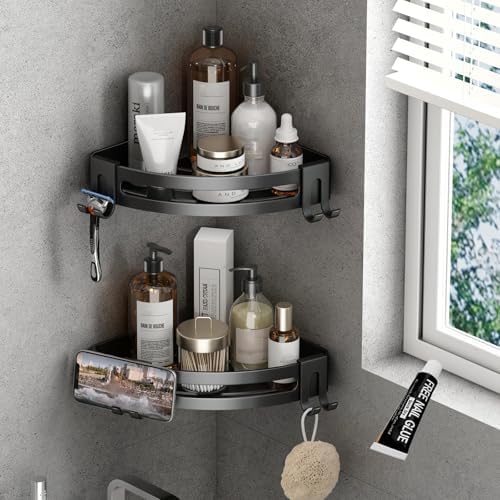 VOLPONE Corner Shower Caddy with Razor Holder Adhesive Shower Shelf Corner No Drilling Bathroom Corner Shower Organizer Storage Rack (2-Pack, Black)