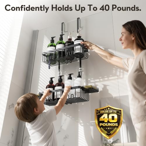 Over the Door Shower Caddy Hanging With Double Soap Holder Never Rust Aluminum Shower Shelf With 4 Hooks Hanging Bathroom Organizer No Drilling Shelves for Bathroom Storage Black