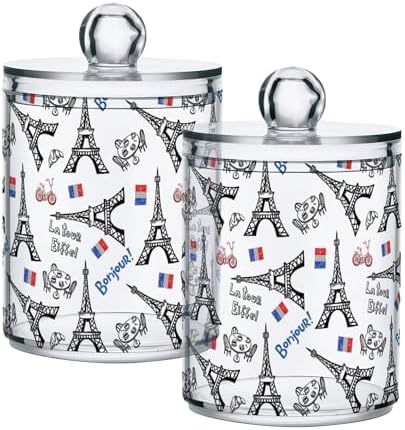 2 Pack Plastic Qtips Holder France Paris Tower Bathroom Organizer Canisters for Cotton Balls/Swabs/Pads/Floss,Plastic Apothecary Jars for Vanity