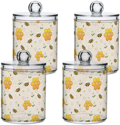 MNSRUU 2 Pack Qtip Holder Organizer Dispenser Cute Bee Bathroom Storage Canister Cotton Ball Holder Bathroom Containers for Cotton Swabs/Pads/Floss