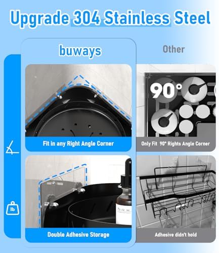 360 Rotating Shower Caddy Shelf With 6 Hooks, 2PACK Bathroom Organizer With 5Pcs Adhesive, Stainless Steel Corner Racks for Home Apartment Decor (Black)