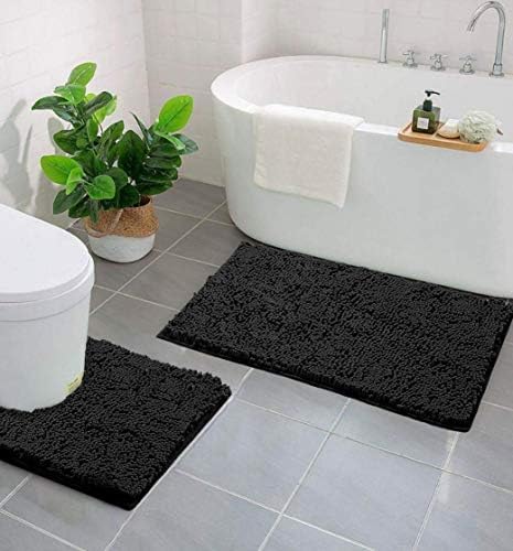 LuxUrux Bathroom Rugs Sets 2 Piece: Quick Dry, Soft Plush Anti-Slip, Super Absorbent. Includes Rectangular (31x20 inches) & U-Shaped Toilet Mat (20x20 inches) | Black