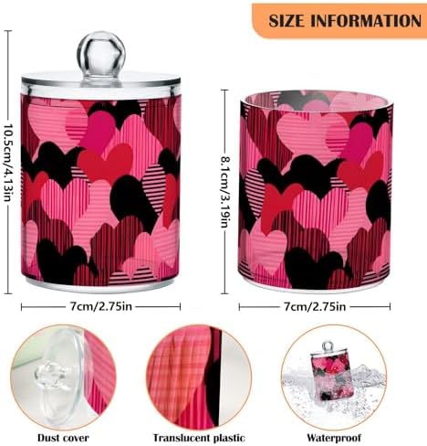 MNSRUU 2 Pack Qtip Holder Organizer Dispenser Hot Pink Hearts Bathroom Storage Canister Cotton Ball Holder Bathroom Containers for Cotton Swabs/Pads/Floss