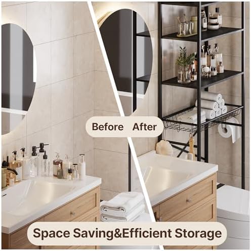 Gizoon Over-The-Toilet Storage Rack with Adjustable Shelf and Basket, 4-Tier Freestanding Space Saver Bathroom Shelves Above Toilet for Room