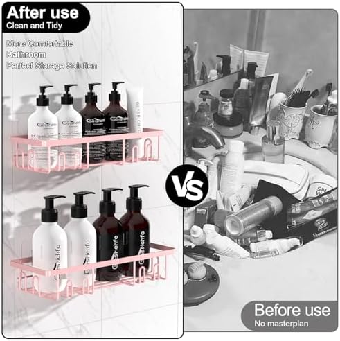 Getsrichfc Shower Caddy Adhesive, Rustproof Shower Shelves for Inside Shower, Large Capacity Bathroom Organizers and Storage, Shower Storage with Removable Hooks, No Drill Bathroom Accessories Pink