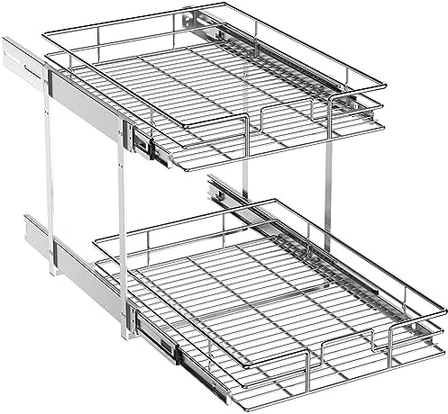 ROOMTEC Pull Out Cabinet Organizer (14" W x 18" D),2 Tier Pull Out Storage Shelf Drawer Basket,Sliding Shelves for Base Cabinet Organization in Kitchen, Bathroom, Pantry