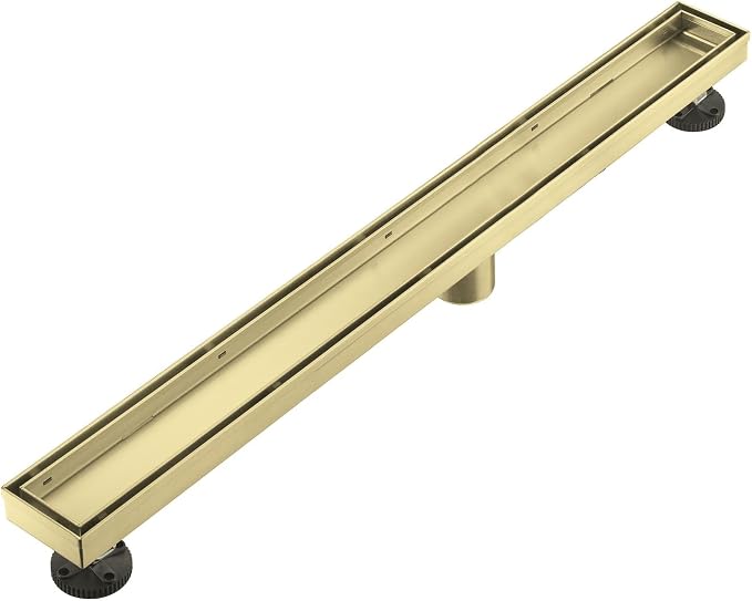 AVSIILE Linear Shower Floor Drain, Brushed Gold 32 Inch 304 Stainless Steel Bathroom Drains Kit, Rectangular Shower Trench Drain with Reversable Tile-in Pattern Drain Cover & Hair Catcher