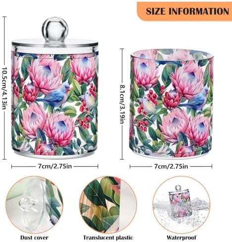 Pink and Blue Tropical Flowers Clear Plastic Jars 2 Pack Apothecary Jars Clear Bathroom Storage Containers for Cotton Ball, Swab, Floss, Makeup Sponges, Hair Clip 10 Oz