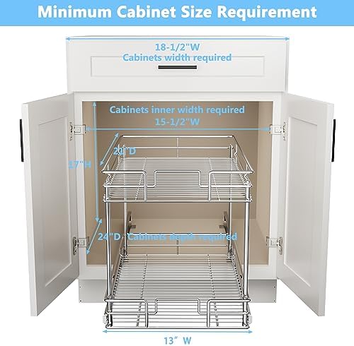 ROOMTEC New Version Pull Out Cabinet Organizer for Base Cabinet (14" W X 21" D), Kitchen Cabinet Organizer and Storage 2-Tier Cabinet Pull Out Shelves Under Cabinet Storage for Kitchen Silver,Chrome
