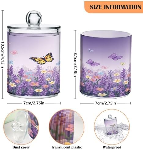 ALAZA Lavender Flower Butterfly Floral 2 Pack Qtip Holder Dispenser for Cotton Swabs, Balls, Pads, Floss 10 oz Plastic Canister Organizer