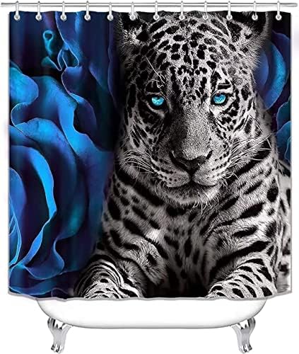 NBVKO 4PCS Blue Rose and Leopard Shower Curtain Set with Non-Slip Rugs,Toilet Lid Cover and Bath Mat,Bathroom Decor Accessory Set