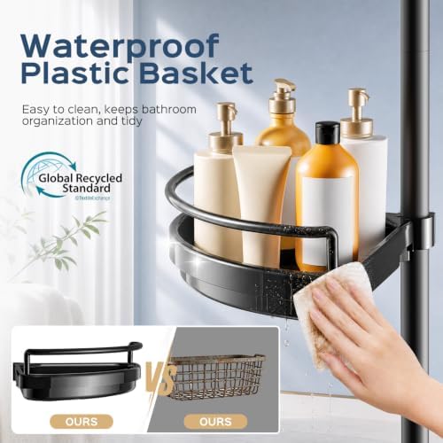 HAMITOR Corner Shower Caddy Tension Pole: Adjustable Stainless Steel Shower Organizer 4 Tier Shelf for Bathroom Bathtub Shampoo - Floor Standing Rack Bath Storage Holder with Rust Proof Rods - Black