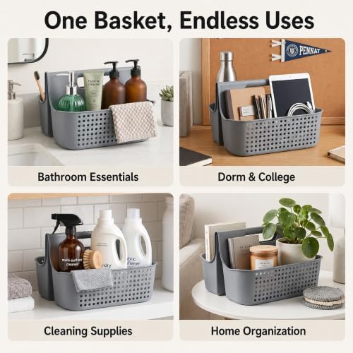 Haundry Portable Shower Caddy Basket, 2 Compartments Plastic Cleaning Caddy Organizer, Large Storage Tote with Handle for Bathroom, College, Dorm Room Essentials, Grey