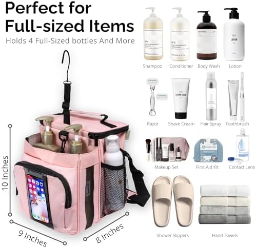 TERRA HOME XL Portable Shower Caddy Bag for Girls with Extra Storage, Durable Mesh Bottom, Shoulder Strap, Keychain Holder Shower Caddy Case for College Dorms - Travel Vacation Essentials (Blush Pink)