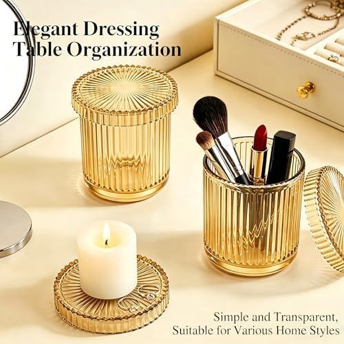 2 Pack Glass Qtip Holder Dispenser Set - Bathroom Organizer for Cotton Swabs, Balls, Pads, Floss Picks - Clear Apothecary Jars for Vanity, Makeup Storage, Bathroom Accessories Decor (Yellow)