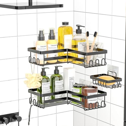 StorageRight Corner Shower Caddy, Adhesive Shower Organizer with Hooks
