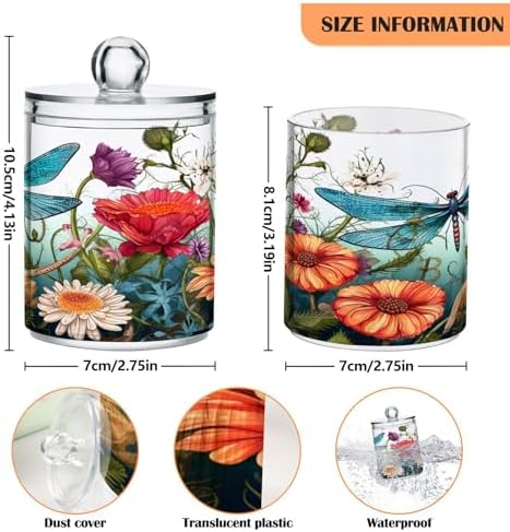 2 Pack Qtip Holder Dispenser with Lids, Dragonfly Flowers Floral Plastic Storage Containers,Bathroom Canisters Organizer for Cotton Ball, Cottons Swab, Cotton Round Pads, Floss 21214450