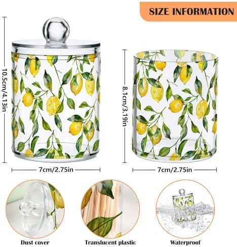 ALAZA 2pcs Watercolor Lemon Leaf Qtip Holder Dispenser 14 oz Bathroom Storage Clear Apothecary Jars Containers Cotton Ball,Cotton Rounds,Floss Picks, Hair Clips, Food