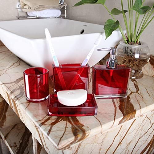 Bathroom Accessories Set, Acrylic Bathroom Accessory Set with Soap Dispenser,Soap Dish, Toothbrush Holder, Tumbler, Modern Bathroom Accessories Decor,Gift for Home (Red-4)