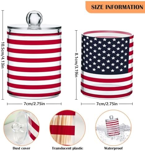 ALAZA Hipster American Flag 2 Pack Qtip Holder Dispenser for Cotton Swabs, Balls, Pads, Floss 10 oz Plastic Canister Organizer