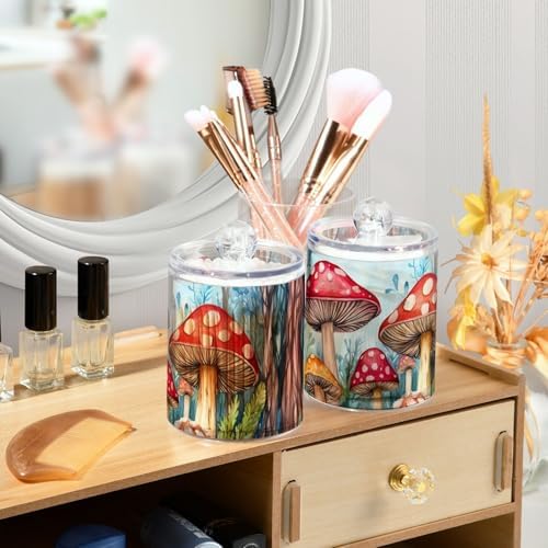 Fustylead 4 Pack Watercolor Colorful Mushrooms in Forest Plastic Apothecary Jar Set for Bathroom Storage, Qtip Holder Dispensers for Cotton Ball, Swab, Round Pads, Floss